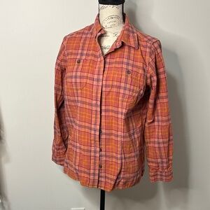 Duluth Trading Co Orange Plaid flannel‎ Button Down Shirt Ladies size M